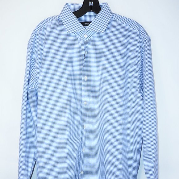 Hugo Boss Men's 'Mark' Blue Sharp Fit Gingham Textured Dress Shirt 15.5L, 34/35 - Picture 2 of 6